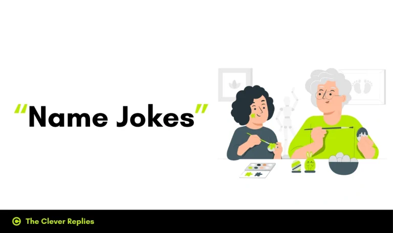 Funny name puns displayed with colorful text and illustrations of name-based jokes.